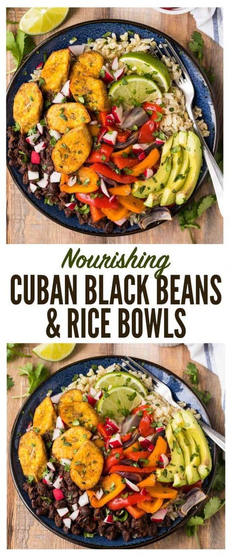 Cuban Black Beans And Rice, Baked Plantains, Cuban Black Beans, Rice And Beans Recipe, Plantain Recipes, Black Beans And Rice, Vegan Rice, Rice Bowls Recipes, Beans And Rice