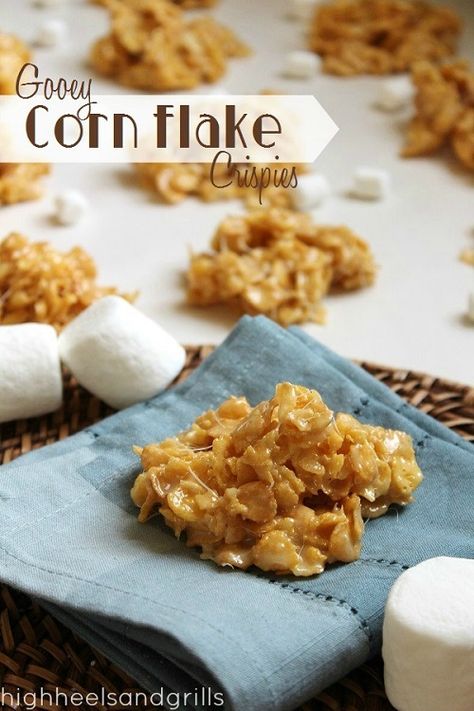 Gooey Corn Flake Crispies. 4 Ingredients, no baking, and theyre delicious. #dessert #easy http://www.highheelsandgrills.com/2013/05/gooey-corn-flake-crispies.html Flake Recipes, Corn Flake, Cereal Treats, Corn Flakes, Crispy Treats, Yummy Sweets, No Bake Treats, How Sweet Eats, Krispie Treats