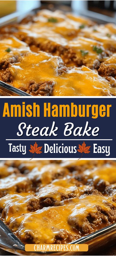 Amish Hamburger Steak Bake Winter Hamburger Recipes, Ideas For Hamburger Patties, Easy Meals With Ground Beef And Potatoes, Hamburger And Potatoes Recipes, Easy Dinner With Hamburger Meat, Quick And Easy Hamburger Recipes, Hamburger Potato Recipes, Amish Hamburger Steak Bake, Easy Meals With Hamburger Meat