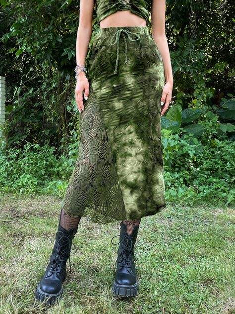 SHEIN Tie Dye Guipure Lace Panel Knot Front Skirt Tye Dye Skirt Outfit, No Sew Refashion, Grunge Tie Dye, Tye Dye Skirt, Clothing Refashion, Styles Clothes, Thrift Store Refashion, Women Bottoms, Rock Outfit