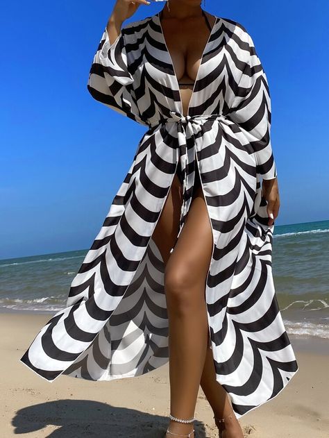 White Beach Cover Up, Black And White Beach, White Beach, Womens Kimono, Beach Covers, White Collar, Kimonos, Three Quarter, All Over Print