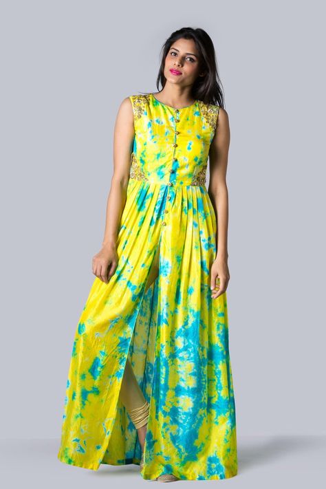 Designer Kurtis Online, Yellow And Turquoise, Long Kurti Designs, Long Dress Design, Printed Kurti, Long Frocks, Dye Dress, Indian Designer Outfits, Saree Dress