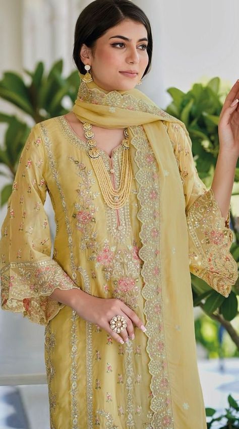 Latest Yellow Pakistani Indian Salwar Kameez  Party Wear Women Dress Readymade Plazzo Suit Wedding Eid, Rakhi,Diwali Gift Plazzo Suit, Organza Suits, Designer Salwar Kameez, Latest Salwar Kameez, Indian Designer Suits, Indian Salwar Kameez, Dress Salwar Kameez, Silk Bottoms, Indian Bridal Fashion