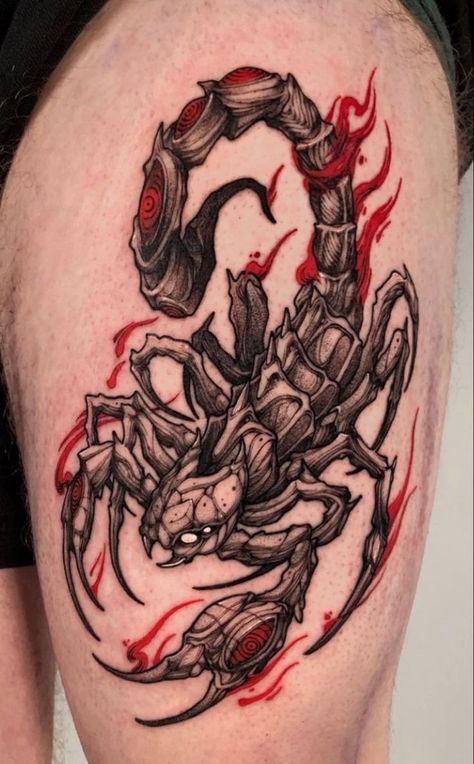 Scorpion Tattoo On Thigh, Gothic Scorpion Tattoo, Red Scorpion Tattoo, Scorpion Tattoo Ideas, Dragon Thigh Tattoo, Art Inspired Tattoos, School Concept, Clown Tattoo, Sigil Tattoo