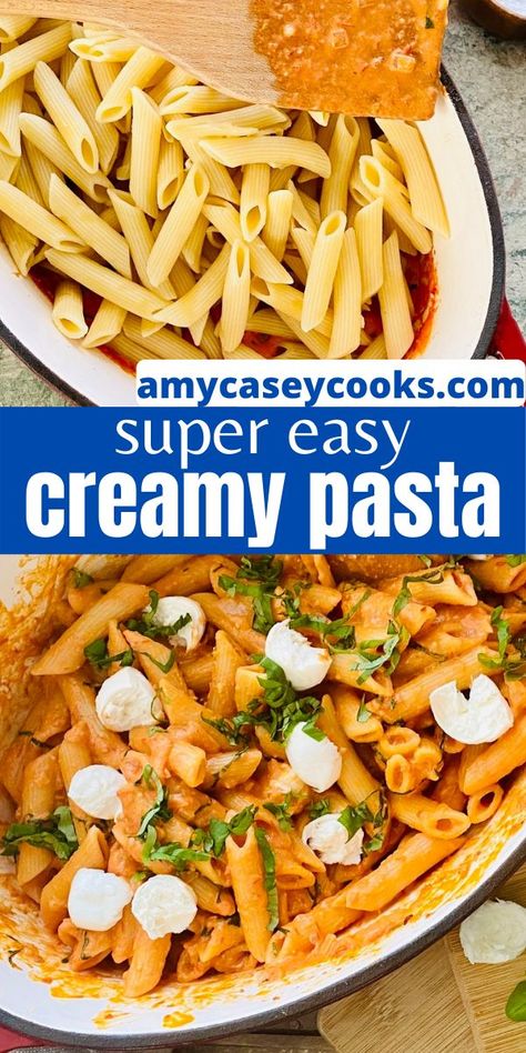 Mixing pasta in sauce and a bowl of creamy tomato pasta with fresh mozzarella and basil Pasta With Tomato Paste, Fresh Mozzarella Recipe, Tomato Paste Recipe, Butter Sauce For Pasta, Creamy Tomato Pasta, Tomato Basil Pasta, Mozzarella Recipes, Cooked Pasta, Creamy Tomato Sauce