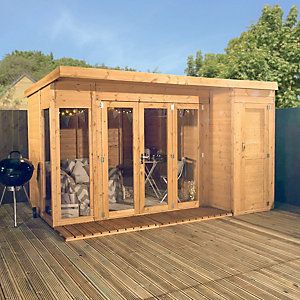 Mercia 12 x 8ft Large Garden Room including Side Shed & Bi-Fold Doors | Wickes.co.uk Open Plan Interior, Tongue And Groove Cladding, Studio Shed, Roof Shapes, Back Garden Design, House Shed, Wood Cladding, Large Garden, Garden Buildings