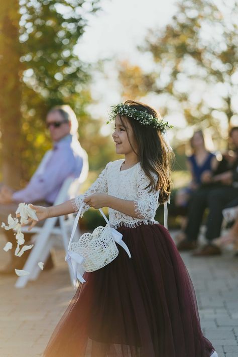 Flower Girl Fall Wedding, Maroon Flower Girl Dress, Flower Girl Dresses Burgundy, Winter Flower Girl Dresses, Outdoor Venue Wedding, Winter Wedding Flower Girl, Fall Wedding Flower Girl, Maroon Theme, Wine Wedding Flowers