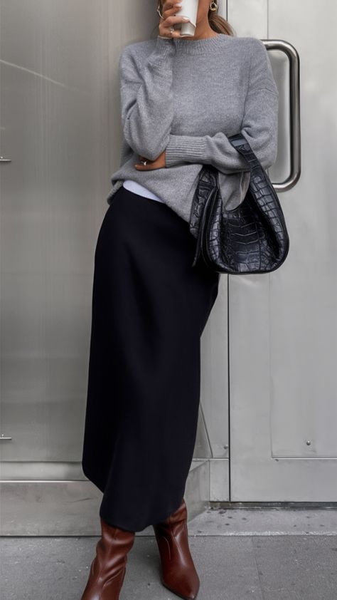 29 Black Skirt Outfit Ideas for 2025: Casual, Summer, Party Styles & More Black Long Skirt Outfit Ideas, Black Knit Midi Skirt Outfit, Black Maxi Skirt Outfit Winter, Polka Dot Midi Skirt Outfit, Long Grey Skirt Outfit, Black Maxi Skirt Outfit Ideas, Black Skirt Outfit Ideas, Black Midi Skirt Outfit, Winter Maxi Skirt Outfit