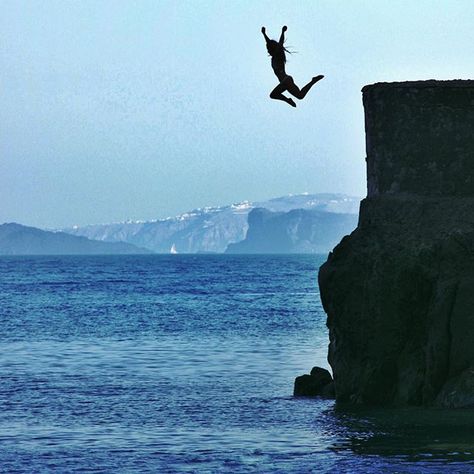 Ready, set, jump!! Discovering the best hidden gems in Santorini~ I always love to find a new spot to cliff jump! 💦 #AmexLife People Jumping Off Cliffs, Cliff Jump Tattoo, Jump Tattoo, Jumping Off Cliff, Jumping Tattoo, Rebirth Painting, Jumping Into Water, Jump Art, Cliff Jump