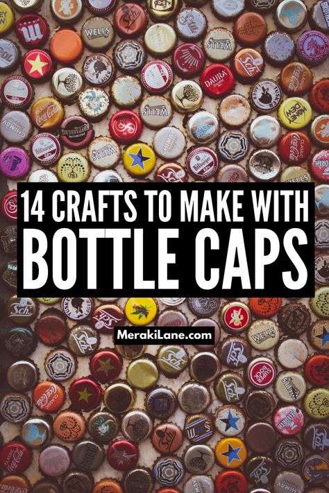 14 Bottle Cap Crafts for Kids of All Ages | If you have metal beer bottle caps, screw tops from wine bottles, or plaster water bottle caps hanging around, and want some fun recycling art projects you can create with your kids or students, this post has tons of ideas to inspire you! From pop bottle necklaces, to beer cap magnets, to decorative artwork like sunflowers and landscapes, to coasters and more, there are so creative ways you can upcycle bottle caps with your kids! Diy With Beer Bottle Caps, Beer Cap Projects Ideas, Beer Caps Ideas, Projects With Bottle Caps, Bottle Top Table Beer Caps, Bottle Cap Artwork, Beer Caps Crafts, Bottlecap Art Projects, Bottle Cap Art Diy