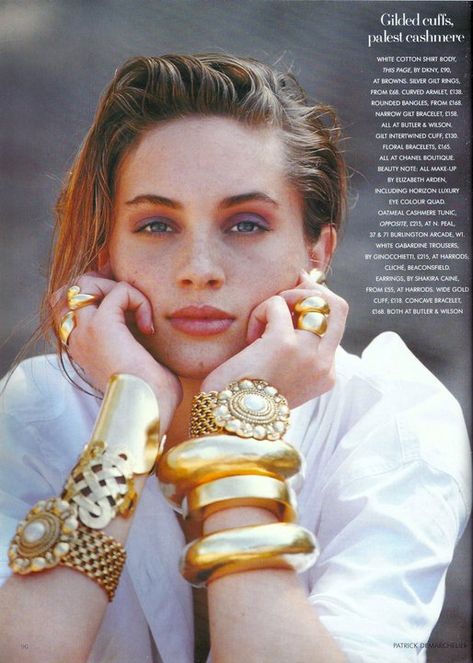 UK Vogue January 1990 "The Great Escape" Models: Beri Smither  Photographer: Patrick Demarchelier 1990 Style, 90s Jewelry, Patrick Demarchelier, Jewelry Ads, Vogue Uk, Chanel Earrings, Gold Bracelets, Funky Jewelry, Cindy Crawford