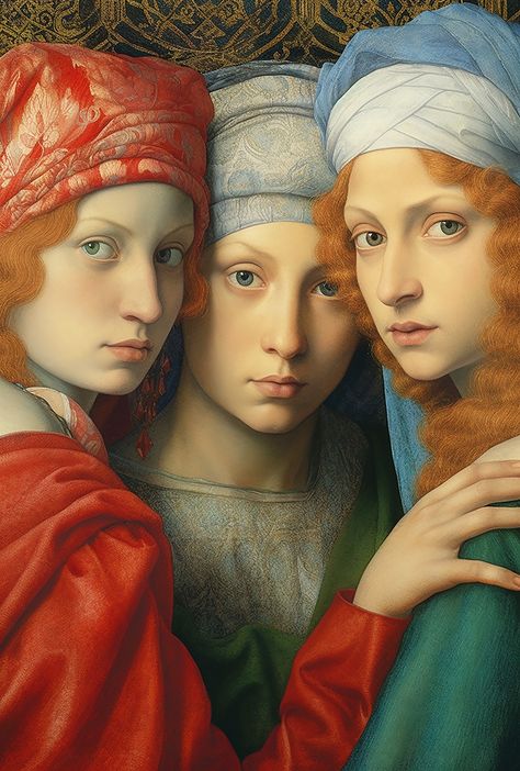 Three Women, Fantasy Paintings, Art Inspiration Painting, Italian Art, Classical Art, Western Art, Old Art, Art Plastique, Face Art