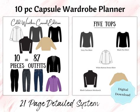 Capsule Wardrobe Planner, 10 pc, 87 Outfits, Cold Weather, Printable Planner, Travel Packing List, Minimalist, Classic, Capsule Wardrobe 2024 Capsule Wardrobe, Packing List Minimalist, Capsule Wardrobe Teacher, Parisian Capsule Wardrobe, Wardrobe Management, 5 Piece French Wardrobe, Capsule Wardrobe Planner, Outfits Cold Weather, Wardrobe Challenge