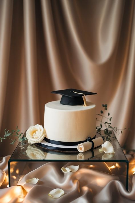 Classic Black and White Graduation Cake with Cap and Scroll 50 Cake Birthday For Women, Elegant Cake Designs Classy, Simple Grad Cake, Minimalist Graduation Cake, Black And White Graduation Cake, White Graduation Cake, Simple Graduation Cakes, Graduation Cake Ideas, Fondant Ribbon