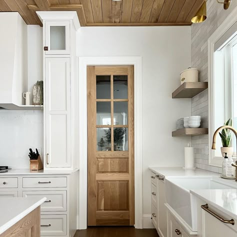 Kitchen Layout Ideas With Pantry, Pantry To Mudroom, Pantry Door Inspiration, Wood Stain Pantry Door, Pantry Door Pocket, Pocket Door In Kitchen, Pocket Pantry Door Ideas, Pocket Door For Pantry, Oak Pantry Door