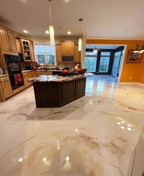 Metallic Epoxy Flooring Stained Concrete Floors Kitchen, Epoxy Kitchen Floor, Epoxy Floors In Home, Concrete Kitchen Floor, Epoxy Floor Designs, Basement Floors, Industrial Basement, Blue Kitchen Designs, Metallic Epoxy Floor