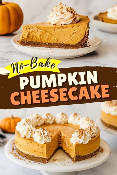 This no-bake pumpkin cheesecake is so easy and effortless! It's perfect for serving on any special occasion. 4 Inch Cheesecake Recipes Springform Pan, How To Bake Cheesecake Without Water Bath, No Egg Cheesecake, Jello Pudding Cheesecake Recipes, Pumpkin Cheesecake Recipes Easy, No Bake Pumpkin Cheesecake With Ginger Snap Crust, Easy No Bake Pumpkin Cheesecake, So Yummy Videos, Pumpkin No Bake Cheesecake