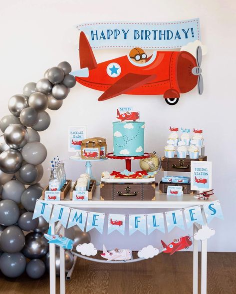 Vintage Airplane Birthday Party / Birthday "'Time Flies' Vintage Airplane Birthday Party" | Catch My Party Airplane Birthday Theme, Vintage Airplane Birthday Party, Airplane Birthday Party Decorations, Vintage Airplane Party, Vintage Airplane Birthday, Time Flies Birthday, Planes Birthday Party, Airplane Cake, 2nd Birthday Party For Boys