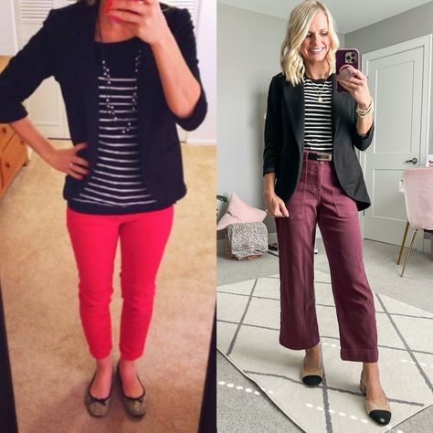 Skinny jeans and a blazer updated to a wide-leg cropped colored pants and a blazer. See how my style has evolved from then to now with affordable, chic mom outfit ideas. Perfect inspiration for moms looking to stay stylish without breaking the bank. Chic Mom Outfits, Mom Outfit Ideas, Thrifty Fashion, Silk Slip Skirt, Ross Dresses, Then Vs Now, Millennials Fashion, Mom Outfit, Old Outfits