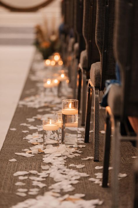 Lights Down Wedding Aisle, Candles Lining Wedding Aisle, Candles And Petals Wedding Aisle, Candles Down Isle, Wedding Aisle And Altar, Candles In Wedding Aisle, Pillar Candles Wedding Aisle, Aisle Candle Decorations Wedding, Small Wedding Aisle Ideas