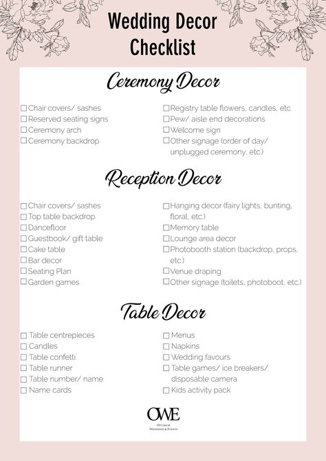 wedding decor checklist Decorations Needed For Wedding, Flower Checklist For Wedding, Wedding Venue Types, Wedding Decorator Checklist, Wedding Reception Checklist Detailed, Types Of Wedding Decor Styles, Wedding Decor Checklist Detailed, Wedding Venue Must Haves, Simple Wedding Reception Decorations Indoor