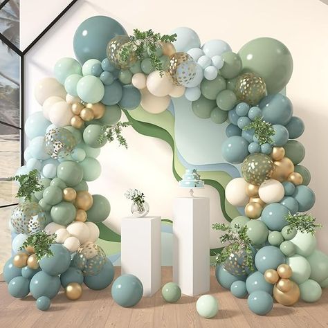 Amazon.com: Amandir 170Pcs Dusty Blue Green Balloon Garland Arch Kit, Haze Fog Blue Ash Mist Sage Green Sand White Gold Confetti Balloons for Baby Shower Wedding Bridal Boho Birthday Party Backdrop Decorations : Toys & Games Blue Green And Gold Balloon Arch, 21st Balloon Decorations, Blue Green Brown Balloon Garland, Green And Blue Birthday Party Decor, Green And Blue Party Decorations, Sage Green And Blue Baby Shower Ideas, Blue Green Baby Shower Ideas, Green And Blue Baby Shower Ideas, Blue And Green Baby Shower Ideas