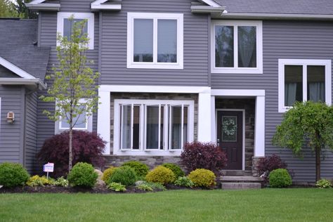 Modern Purple House Exterior, Purple Gray House Exterior, Lilac House Exterior, Grey Siding House, Purple Houses, Lilac House, Exterior Cottage, Church Exterior, Purple Front Doors