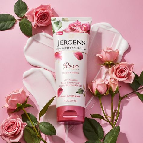 Jergens US on Instagram: “Romanticize your skincare routine with the alluring scent of Rose Body Butter 🌹 Infused with rose essence and camellia essential oil, this…” Products Social Media Post, Rose Body Butter, Rose Body Lotion, Rose Body, Product Photoshoot, Cosmetic Design, Cocoa Seeds, Sweet Escape, Body Butters