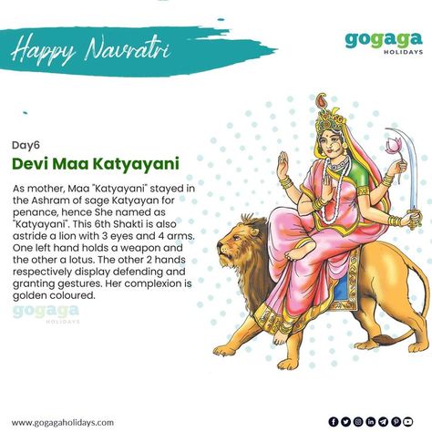 On the 6th day of Navratri, Maa Katyayani is worshipped by the devotees. She is the second name of Goddess Parvati, Adi Parashakti, or Amarakosha, as per the Sanskrit lexicon. She is also hailed as the fierce avatar of Maa Durga. Happy festival days to all. #devinavratri #navratri #goddess #maadurga #gogagaholidays 6th Day Of Navratri, Navratri Goddess, Adi Parashakti, Happy Navratri Status, Jyotish Remedy, Navratri Devi Images, Good Morning Cartoon, Goddess Parvati, Navratri Wishes