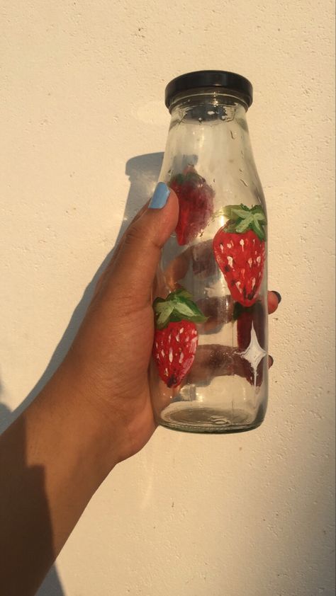 Strawberry bottle Art Poster Colour Painting, Poster Color Painting, Strawberry Art, Colour Painting, Poster Colour, Water Colour, Bottle Art, Home Ideas, Paint Colors