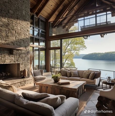 Cabin With Large Windows, Lake House With Big Windows, Lake Houses Exterior Big Windows, Lake House Big Windows, Mountain View Living Room Big Windows, Modern Rustic Cabin, Muskoka Cottage, 4 Season Room, New House Living Room