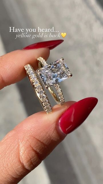 Gold Wedding Rings Radiant, Gold Band Silver Engagement Ring, Gold Rectangle Engagement Ring With Band, Radiant Cut Rings Engagement, Vintage Radiant Engagement Rings, Gold Big Engagement Rings, Classy Gold Engagement Ring, Radiant Cut Ring With Band, Engagement Rings Pair