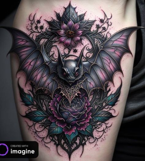 Floral Bat Tattoo, Gothic Floral Tattoo, Halloween Tattoos Sleeve, Gothic Window, Purple Tattoos, Gothic Floral, Dragon Tattoo For Women, Bat Tattoo, Wicked Tattoos