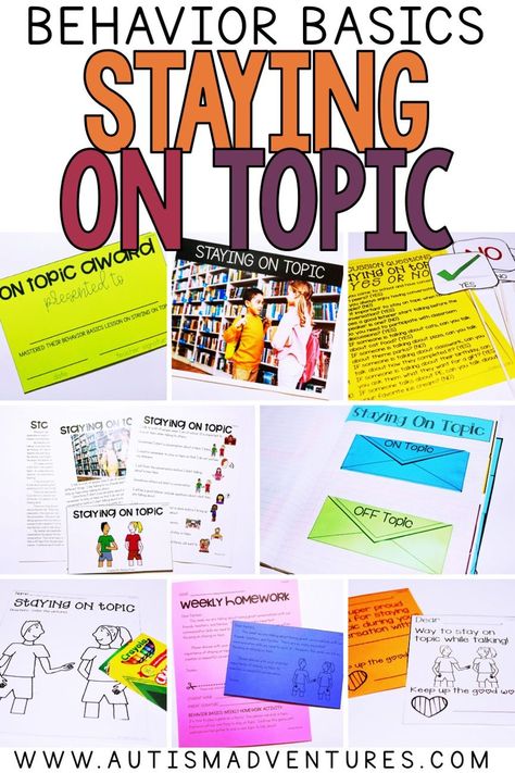 Staying on topic lessons for the classroom. Behavior basics is a systematic program designed for schools that focusing on social emotional learning. Staying on topic social story, coloring pages, discussion questions, interactive notebooks, review pages, posters and more. Also included are staying on topic behavior IEP goals, data sheets and reading extension activities. Behavior Worksheets, Reading Response Worksheets, Calendar Skills, Independent Living Skills, Independent Life, Homework Worksheets, Read Aloud Activities, Self Contained Classroom, Interactive Notebook Activities