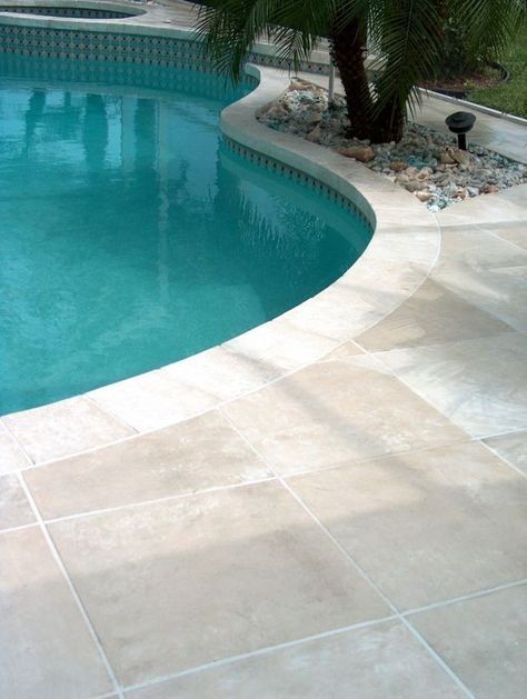 Stamped Concrete Pool Deck Travertine Pool Decking, Pools Ideas, Pool Paving, Pool Pavers, Walled Courtyard, Travertine Pool, Swimming Pool Decks, Concrete Patios, House Big