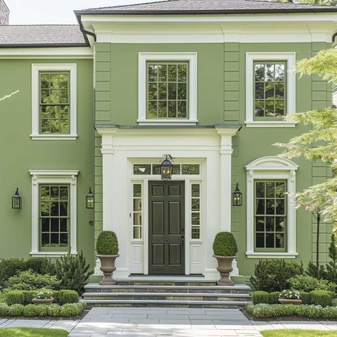 Pistachio Green and Dove White Exterior Paint Design for Fresh Looks • 333+ Images • [ArtFacade] Green Bungalow Exterior, Green And White House Exterior, Exterior Paint Design, Light Green House, Green House Paint, Green Exterior House, House Paints, Green Exterior House Colors, Green House Exterior