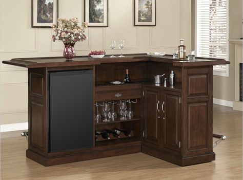 I really like this model because I like the L-shaped home bars... yet this model isn't too large which makes it easy to fit in most rooms. Home Bar Cabinets, Small Home Bar, Wine Bar Furniture, Small Home Bar Ideas, Bar En Palette, Mini Bar At Home, Building A Home Bar, Small Bars For Home, L Shaped Bar