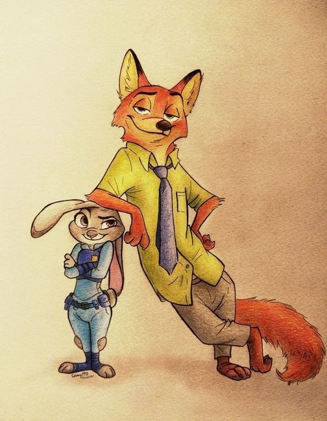 Zootopia Nick, Disney Pop Art, Zootopia Fanart, Zootopia Nick And Judy, Zootopia Art, Color Pencil Sketch, Nick And Judy, Persian Art Painting, Pencil Sketch Images