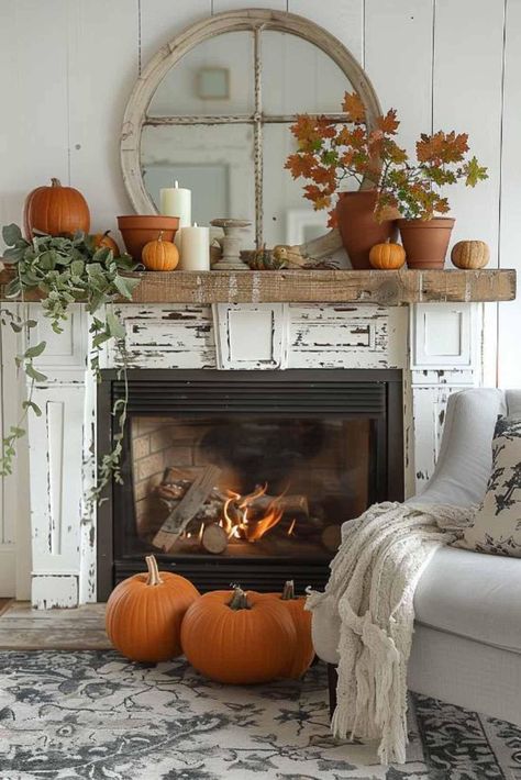 Cottage Fall Decor, Fireplace Fall Decor, Fall Mantels, Fall Mantel Decor, Mantle Decorating, Fall Fireplace Decor, Mantel Decor Ideas, Fall House, Fall Fireplace