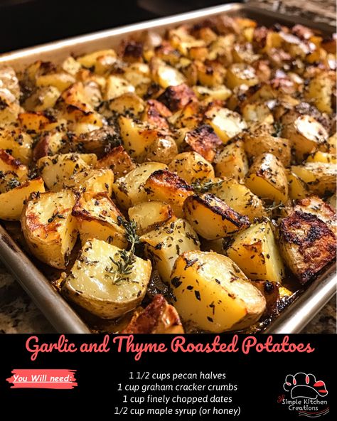 "Looking for a delicious side dish to compliment your meal? Try these savory Garlic and Thyme Roasted Potatoes! This recipe is simple to make and bursting with flavor. Perfect for a family dinner or a holiday feast. Pin now to save for later!" Thyme Roasted Potatoes, Crispy Balsamic Potato Torte With Fresh Thyme, Rosemary And Garlic Roasted Potatoes, Rosemary And Thyme Recipes, Roasted Tri Color Potatoes, Roasted Potatoes And Mushrooms, Oregano Potatoes, Red Potatoes Oven, Balsamic Potatoes