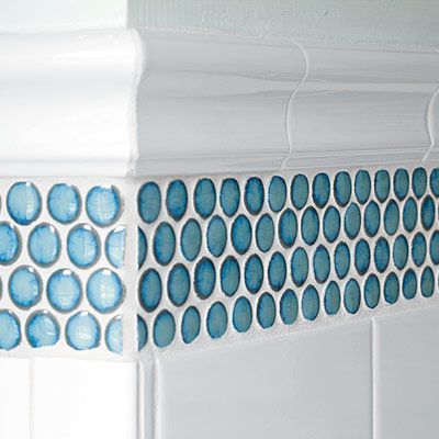 A Dated Bath Gets a Timeless Update - This Old House How To Finish Penny Tile Edge, Beach Mosaic, Vineyard House, Tile Border, Beachy Bathroom, Mermaid Bathroom, Bathroom Plans, Potty Time, Turquoise Decor