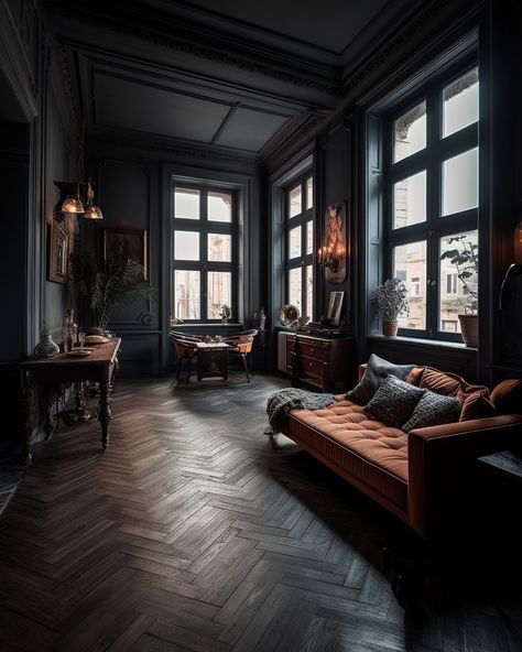 #orange #interiordesign #antique 1800 Interior Design, Victorian Homes Interior Vintage, Moody Academia, Dark Academia Living Room, Dark Academia Interior, Monochrome Room, Gothic Chair, Dark Academia Room Decor, 1920s Interior Design