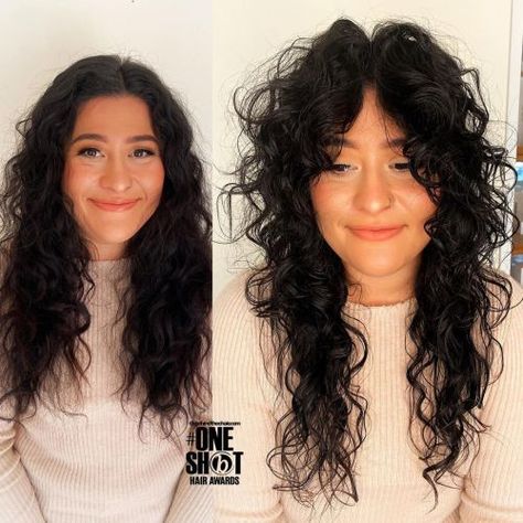 Long Curly Hair with Soft Curtain Bangs Curtain Bangs Ideas, Shaggy Curly Hair, Soft Curtain Bangs, Curly Shag Haircut, Long Curly Haircuts, Bangs Ideas, Medium Length Wavy Hair, Natural Curly Hair Cuts, Long Shag Haircut