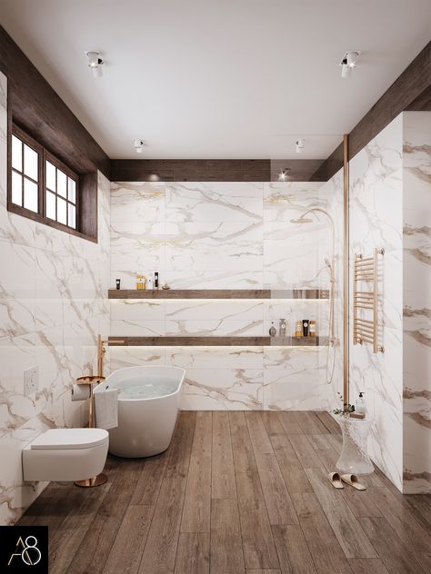 Bathroom Ideas With Wood Tile Floors, Wood Floor Marble Bathroom, Wood Ceramic Tile Bathroom, Bathroom Ideas Wood Floor, Marble And Wood Bathroom, Wood Tile Shower, Color Bathroom Design, Wood Tile Bathroom, Wood Ceramic Tiles