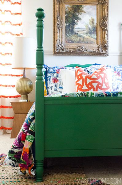 Colorful bed frame -- Plaster & Disaster Green Pallet, Bright Bedrooms, Green Painted Furniture, Green Bed, Miami Apartment, Painted Beds, Beach House Bedroom, Farmhouse Glam, Bedroom Furniture Makeover