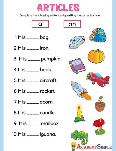 #academysimple, #worksheets, #printable, #primaryschool, #elementaryschool, #academia, #kidsactivities, #activitiesforkids, #cram, #homeschooling, #educationalresources, #download, #pdf, #practice, #learning, #studentfocusededucation, #education, #articles, #articlesinenglish, #aoran, #a-an, #learningenglish, #englishgrammar Teach English To Kids, Teaching Lessons Plans, Reading Comprehension For Kids, English Grammar For Kids, English Worksheets For Kindergarten, Chinese Lessons, Kindergarten Reading Activities, Grammar For Kids, Kindergarten Reading Worksheets