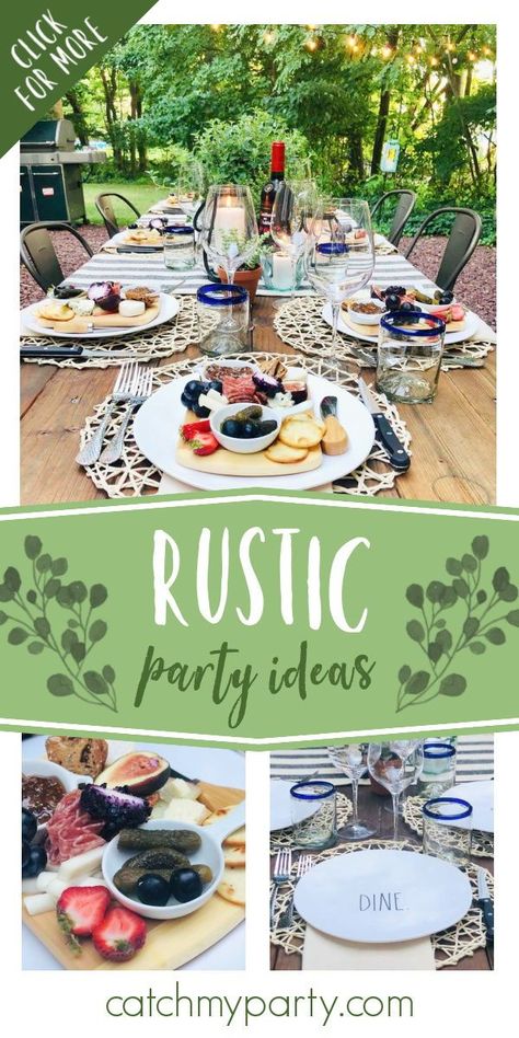 Don't miss this beautiful rustic backyard dinner party! Love the table settings! See more party ideas and share yours at CatchMyParty.com Rustic Outdoor Table Settings, Rustic Party Ideas, Dinner Party Backyard, Backyard Dinner, Backyard Dinner Party, Dinner Party Table Settings, Party Backyard, Rustic Backyard, Rustic Party