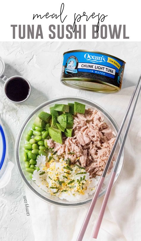 Healthy, easy, and budget friendly sushi inspired meal! Healthy homemade Tuna Sushi Bowl is made with canned tuna. Sushi Meal Prep Canned Tuna Sushi Bowl, Tuna Bowl Canned, Sushi Bowl Tuna, Canned Tuna Rice, Tuna Rice Bowl Recipe, Sushi Bowl Healthy, Tuna Rice Bowl, Tuna Sushi Bowl, Tuna And Rice