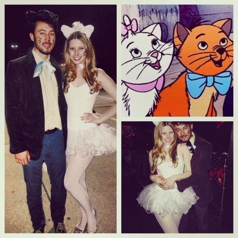 Aristocats Marie and Toulouse couple's cat costume for a Disney themed mixer { via Instagram : peytonfrank } Aristocrats Marie Costume, The Aristocats Costume, Aristocats Family Costume, Aristocats Costume, Disney Homecoming, Toulouse Cat The Aristocats, Disney Bounding Aristocats, Spirit Day, Aristocats Marie