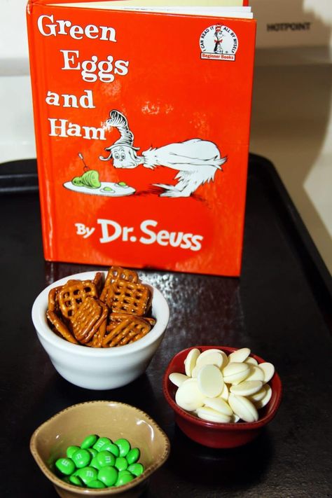 Green Eggs and Ham Pretzel Snacks Nursery Rhyme Snacks, Green Eggs And Ham Snack, Ham Snacks, Pretzel Shape, Pretzel Snacks, Dr Seuss Week, Easy Treat, Snack Board, Green Eggs And Ham